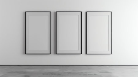 3D rendering of three empty frames in a room with white wallsの素材
