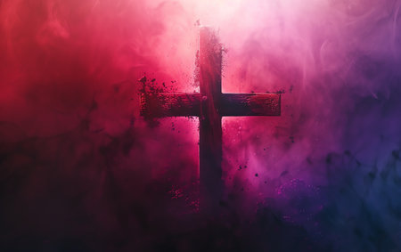 Cross with smoke on dark background. Halloween concept. Copy space.の素材