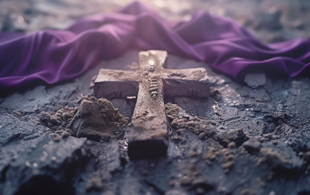 Cross on the ground with purple cloth. Halloween concept. Vintage tone filter effect.の素材