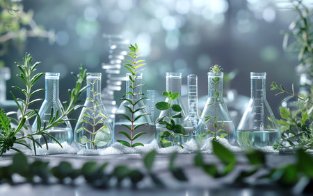 Laboratory glassware with green plants and dna on blurred backgroundの素材