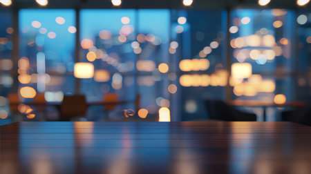 Wooden table in front of blurred cafe with bokeh backgroundの素材