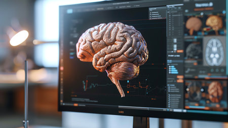 3d rendering human brain in front of computer monitor with financial chartsの素材