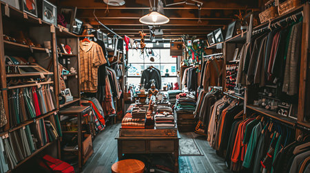 Clothing store interior with different clothes and accessories. Fashion and shopping concept.の素材