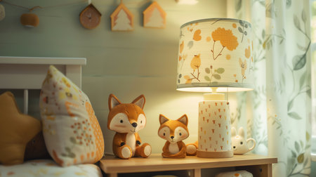 Cute little foxes on a bed in a children's roomの素材