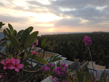 A spectacular view from a luxury villa with beach view in Lombok Island, Indonesiaの写真素材