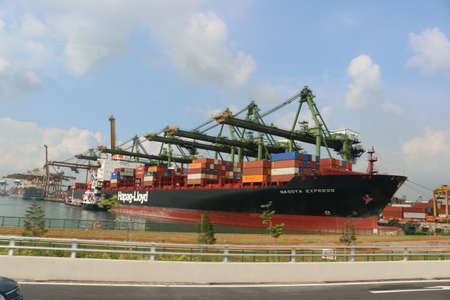 View of ships and boats in Singapore Harbor (April, 2014)のeditorial素材