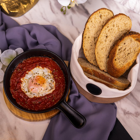 Boiled eggs with red sauce, toasted bread and a background of marble and rosesの写真素材