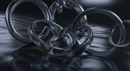 3d illustration of metal rings over black background. Abstract metallic backgroundの写真素材