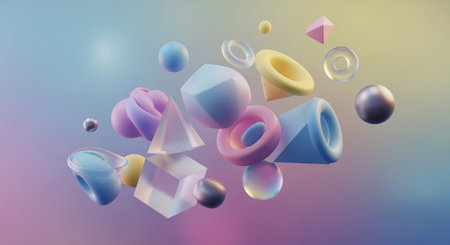 3d illustration of abstract geometric composition with balls in pastel colors