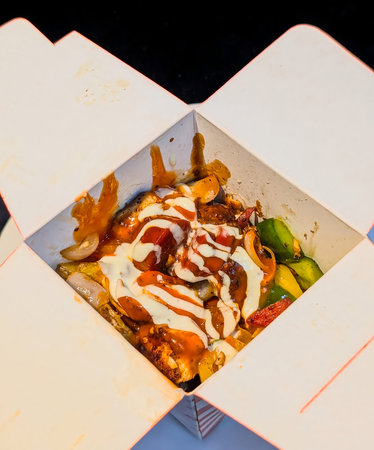 Close-up of grilled chicken pieces and roasted vegetables topped with creamy sauce inside an open...
