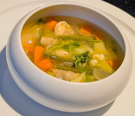 A warm bowl of homemade chicken soup with tender vegetables, fresh herbs.の写真素材