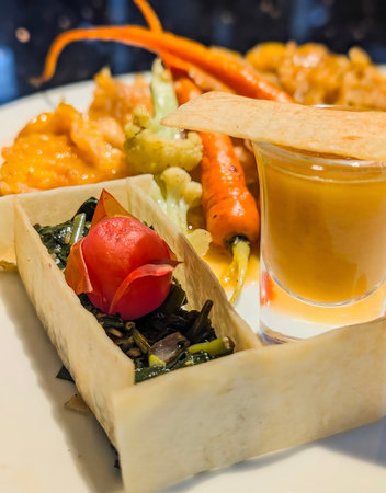 Close-up of an elegant fine dining vegetable garnish served in an edible basket with a smooth golden sauce and vibrant roasted carrots.の写真素材