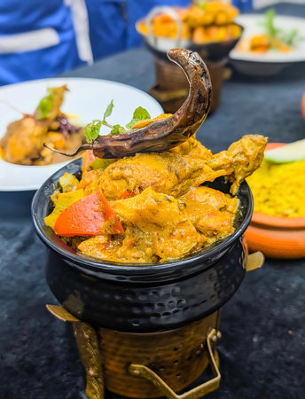 Rich and flavorful chicken curry served in a hammered copper bowl, topped with roasted chili and herbs.の写真素材