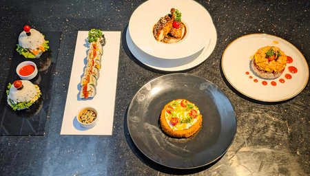 A vibrant, top-down display of meticulously plated modern Asian fusion appetizers and entrees, featuring sushi rolls, rice burgers, and a crispy seafood cake.の写真素材