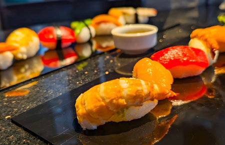 Elegant presentation of assorted nigiri sushi served on sleek black plates with soy sauce and sesame. Features fresh tuna, salmon, shrimp, crab stick, and asparagus-topped on sushi.の写真素材