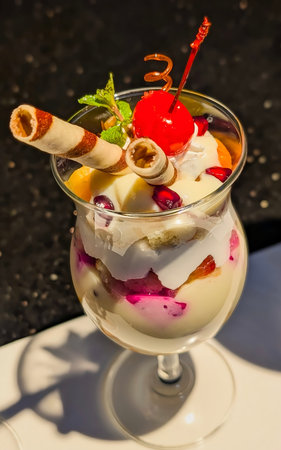 Close-up of a colorful layered fruit custard dessert served in a glass, topped with a bright red cherry, wafer rolls, mint leaves, and mixed fruits.の写真素材