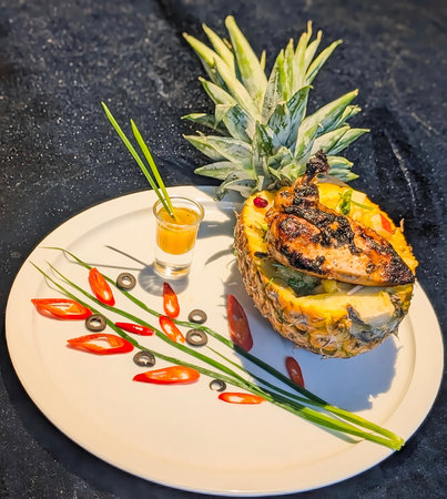 Creative gourmet dish featuring grilled chicken with tropical fruit salad served inside a fresh pineapple bowl, decorated with chili, olives, and sauce on a white plate.の写真素材