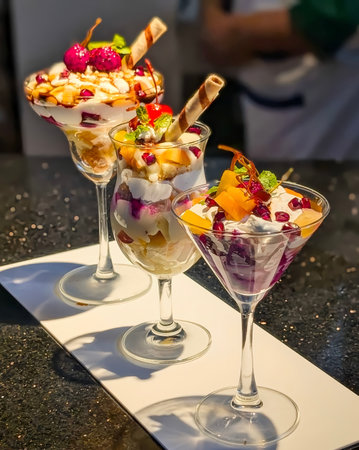 Beautifully arranged assorted fruit custard desserts served in elegant glasses, topped with cherries, wafer rolls, mint leaves, and vibrant mixed fruits.A delicious, colorful, and creamy sweet treat.の写真素材
