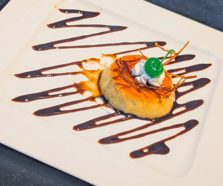 Close-up of a smooth caramel flan topped with whipped cream,red cherry,and mint leaves.The golden...
