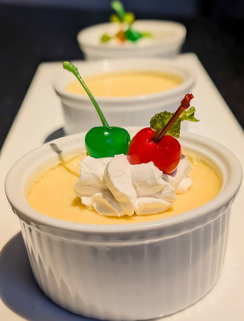 Description: Elegant vanilla custard served in a white ramekin, topped with whipped cream and colorful glazed cherries.の写真素材