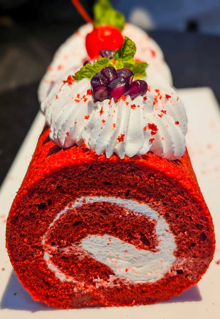 Delicious red velvet Swiss roll cake filled with soft cream and topped with whipped frosting, cherries, and mint leaves. Elegant dessert presentation ideal for bakery, confectionery, cafe.の写真素材