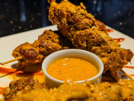 Golden crispy chicken skewers served with a creamy peanut dipping sauce and artistic drizzle on a white plate. A flavorful and appetizing Asian-inspired dish perfect for restaurant menus.の写真素材
