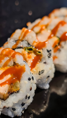 Delicious sushi roll topped with spicy sauce and sesame seeds, arranged neatly on a black slate plate. A vibrant and appetizing Japanese dish perfect for restaurant menus.の写真素材