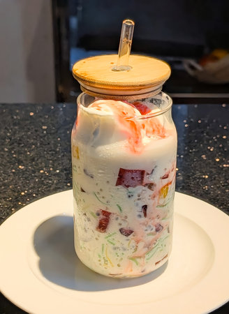 A modern and vibrant take on a traditional cold dessert, featuring layers of shaved ice, sweetened milk, basil seeds, colorful jelly, and fruit, served in a glass jar with a bamboo lid and straw.の写真素材