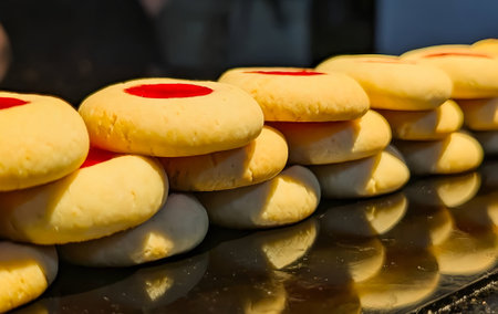 A close-up of freshly baked butter cookies featuring a glossy red jelly center, neatly stacked on a...