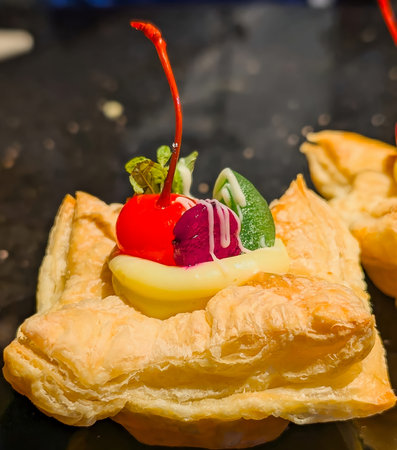 Close-up of a golden puff pastry filled with smooth cream and topped with glazed cherry and colorful candied fruits.の写真素材