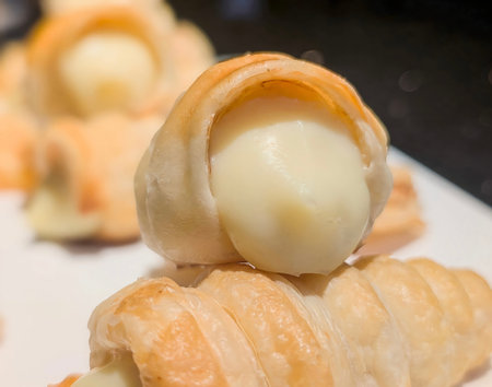 A tempting cream horn pastry, showcasing a flaky puff pastry cone filled with smooth, sweet vanilla cream, is captured in a macro closeup on a white plate.の写真素材