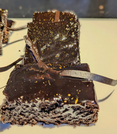 Decadent chocolate brownies topped with caramel swirls and a glossy dark chocolate drizzle, artfully presented on a sleek white plate with elegant chocolate garnish.の写真素材