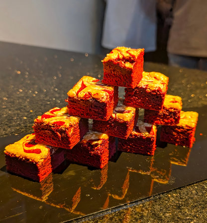 Close-up of stacked red velvet cheesecake brownie squares showcasing rich marbled textures under...