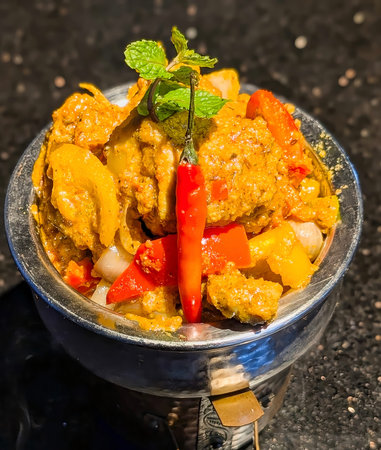 A close-up, appetizing presentation of rich, brown chicken curry served on a white plate, featuring two succulent drumsticks and garnished with a vibrant whole red chili and fresh mint.の写真素材