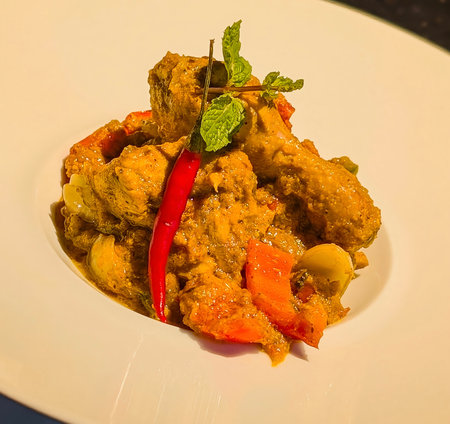 A close-up, appetizing presentation of rich, brown chicken curry served on a white plate, featuring two succulent drumsticks and garnished with a vibrant whole red chili and fresh mint.の写真素材