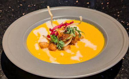 A vibrant, creamy golden-orange soup, possibly butternut squash, carrot, or pumpkin, beautifully presented in a sophisticated gray bowl with a swirl of rich coconut milk.の写真素材