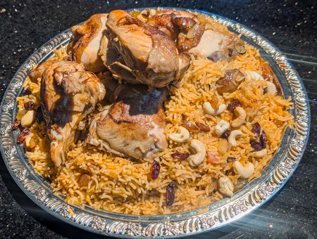 A generous, elevated serving of authentic Middle Eastern Mandi rice, featuring long-grain basmati rice seasoned with saffron and spices, topped with tender roasted chicken pieces, cashew nuts.の写真素材