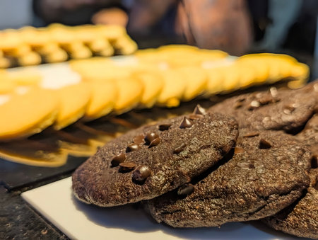A tempting close-up of deeply rich, dark chocolate cookies studded with glossy chocolate chips, stacked on a bright white serving dish.の写真素材