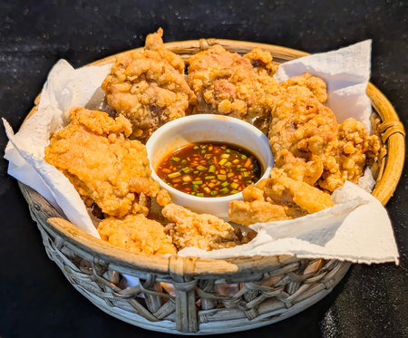 A generous serving of golden-brown, crispy Asian-style fried chicken pieces presented in a rustic woven basket lined with white parchment paper.の写真素材