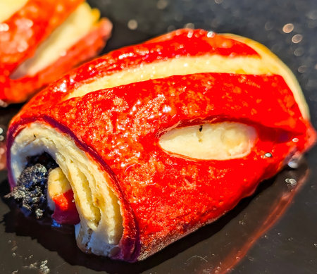Vibrant red-striped croissant pastries arranged on a glossy black platter, showcasing flaky laminated layers and artisan coloring.の写真素材