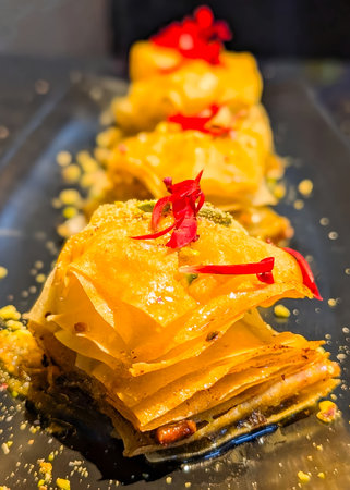 Golden layered baklava filled with chopped nuts and glazed with syrup, garnished with crushed pistachios and red flower petals.の写真素材