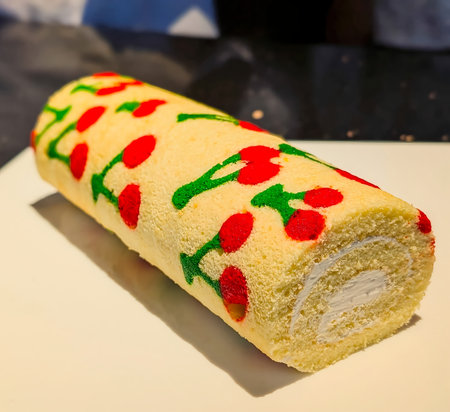Decorative Swiss roll cake with a yellow sponge exterior featuring baked-in cherry motifs and a creamy swirl filling.の写真素材