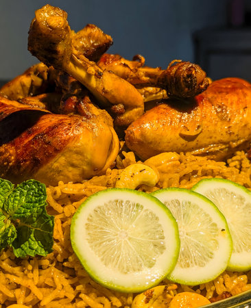 A vibrant dish featuring golden roasted chicken served over seasoned rice, garnished with fresh lime slices, roasted cashew nuts, and mint.の写真素材