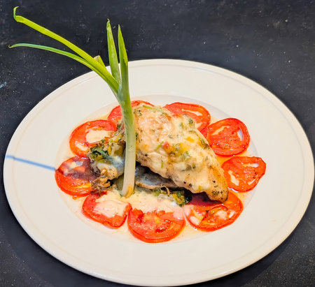 Succulent chicken breast topped with melted cheese and herbs, served over a circular bed of fresh tomato slices.の写真素材