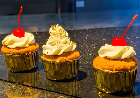 A golden cupcake in a metallic wrapper is topped with smooth whipped cream and a bright red cherry,...