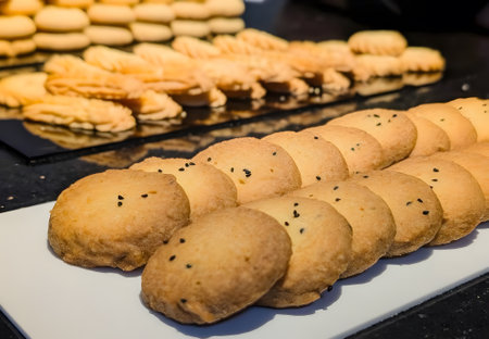 Freshly baked butter cookies sprinkled with nigella seeds are neatly arranged on a clean white serving tray.の写真素材