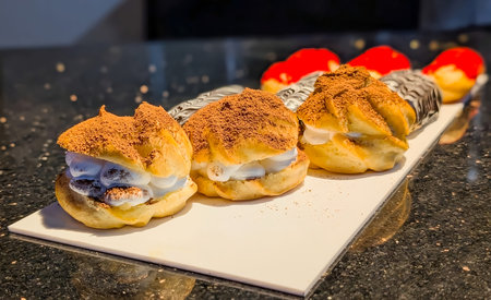 Close-up of cream puffs dusted with cocoa and Ã©clairs topped with chocolate and red glaze, arranged on a white tray.の写真素材
