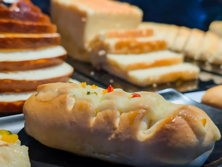 A golden stuffed bread roll topped with red and yellow peppers and cheese, surrounded by assorted...
