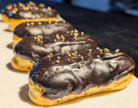 Elegant chocolate eclairs topped with glossy dark chocolate glaze and gold sprinkles, arranged on a...