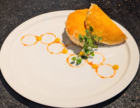 Golden-brown savory pastry cut in half and garnished with fresh herbs, served on a white plate with...
